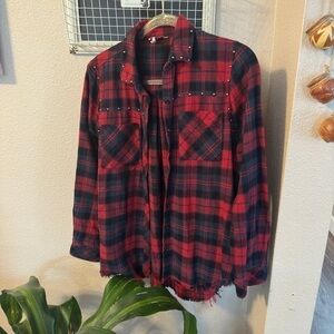 WOMEN'S BKE Blue/Red Plaid Cotton Button-Up Shirt